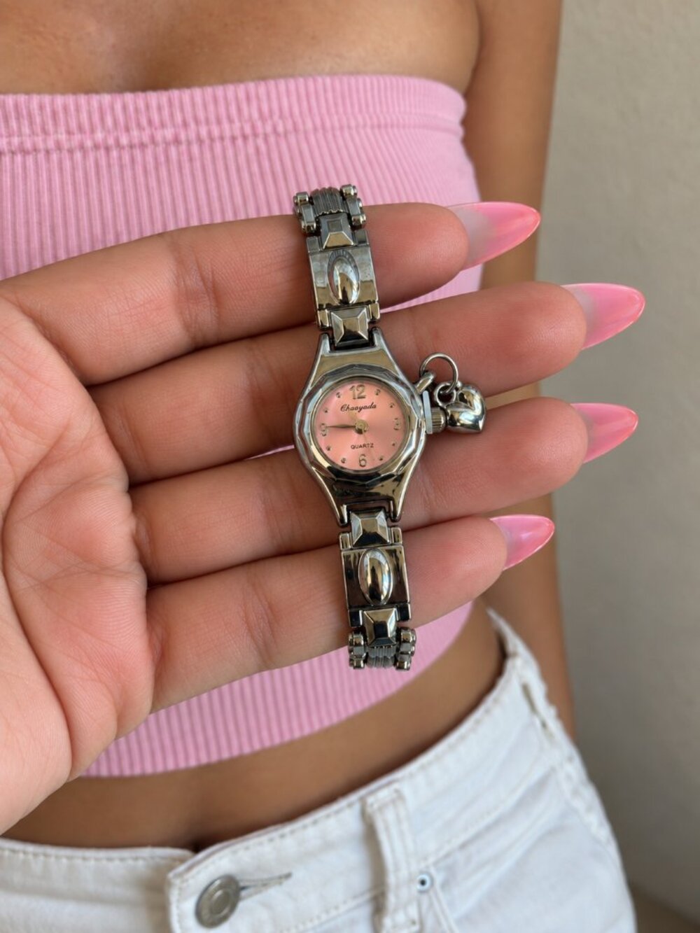 Y2K Silver Pink Dial Charm Bracelet Watch Dainty Coquette OS